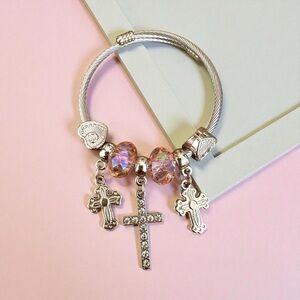 Cross Charm with Light Pink Beads Stainless Steel Bracelet